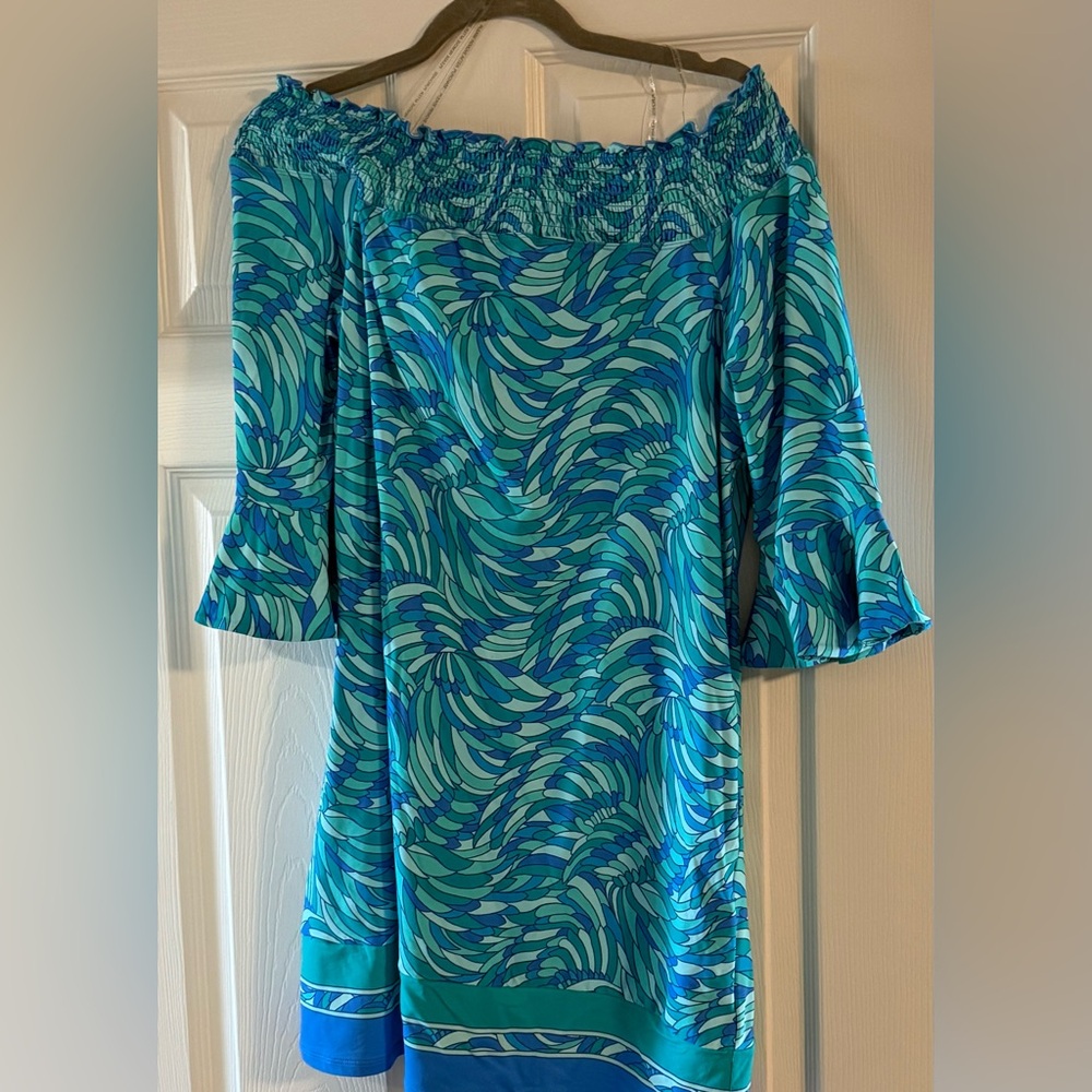 Like new! Beach House Teal and Aqua Off-Shoulder Dress